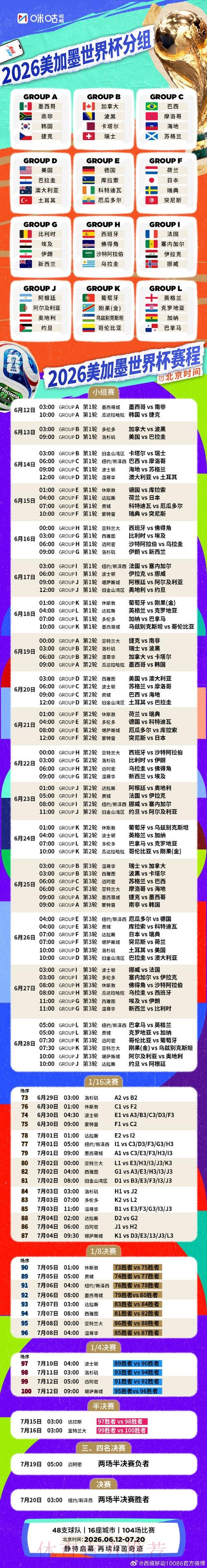 2026世界杯官方赛程完整版 2026世界杯官方赛程完整版