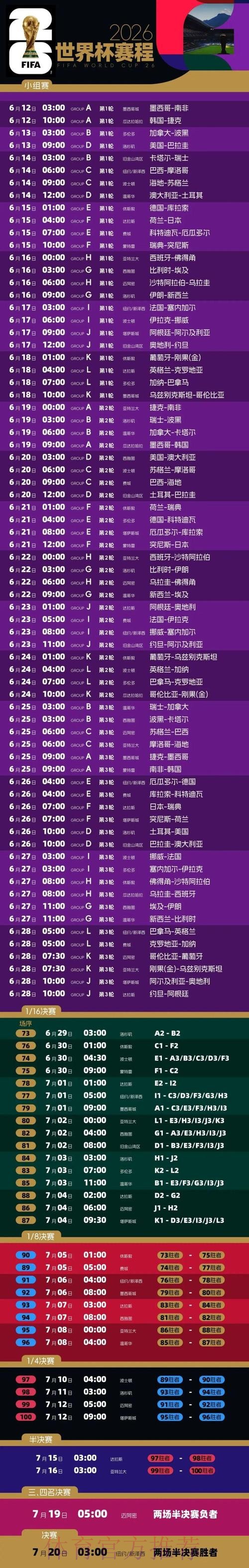 2026世界杯赛程时间表查询